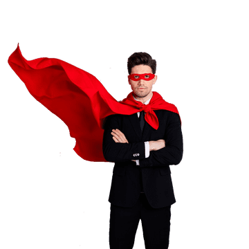 A man in a black business suit with a red cape and red mask, crossing his arms.
